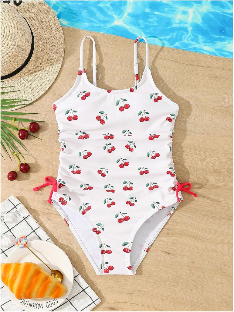 Girl's Cherry Print Swimsuit One Piece Ruched Side Drawstring Summer Beach Bathing Suit