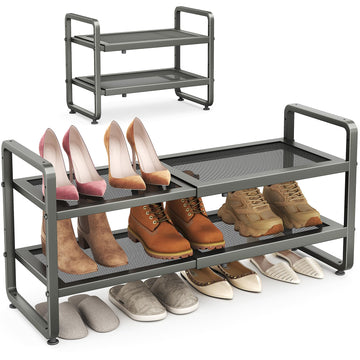 2-Tier Expandable Shoe Rack for Closet, Adjustable Metal Shoe Organizer with Sturdy Mesh Shelves for Boots & Heels
