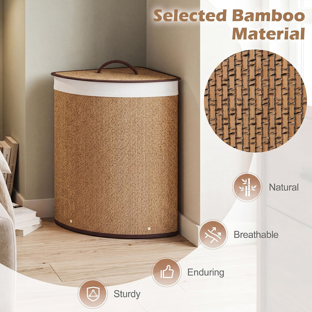15 Gal Corner Laundry Hamper w/Lid, Removable Liner & Handle Khaki