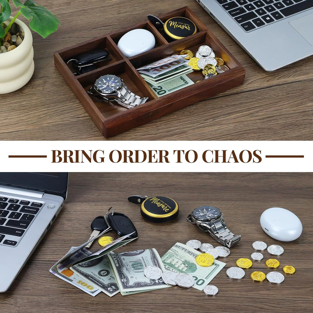 5-Slot Walnut Valet Tray, Wooden Nightstand & Desk Organizer