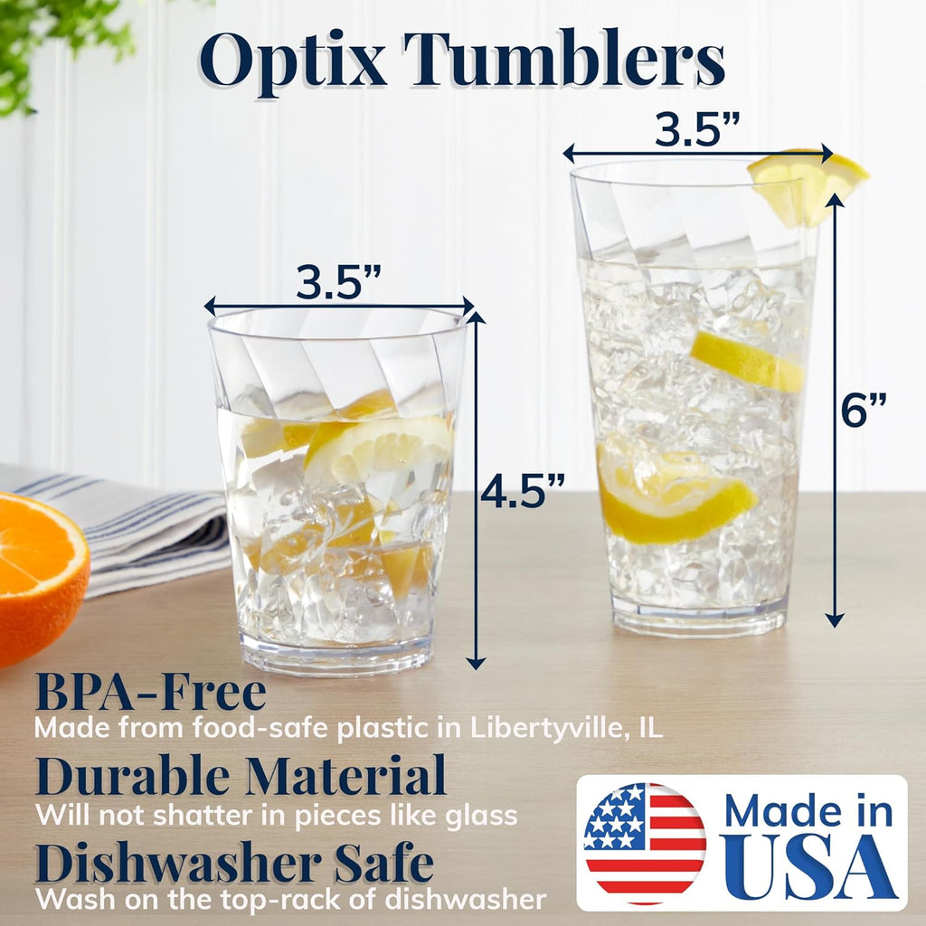 Optix Plastic Reusable Drinking Glasses (Set of 16) 14oz Rocks & 20oz Water Cups in Clear | BPA-Free Tumblers, Made
