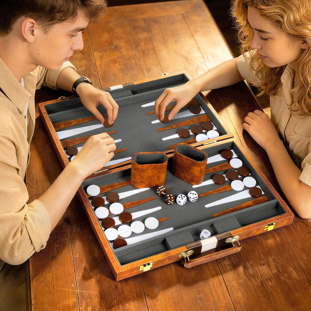 Classic Backgammon Sets for Adults, Deluxe Leather Case, Felt Interior, Portable Travel Backgammon Set for Parties