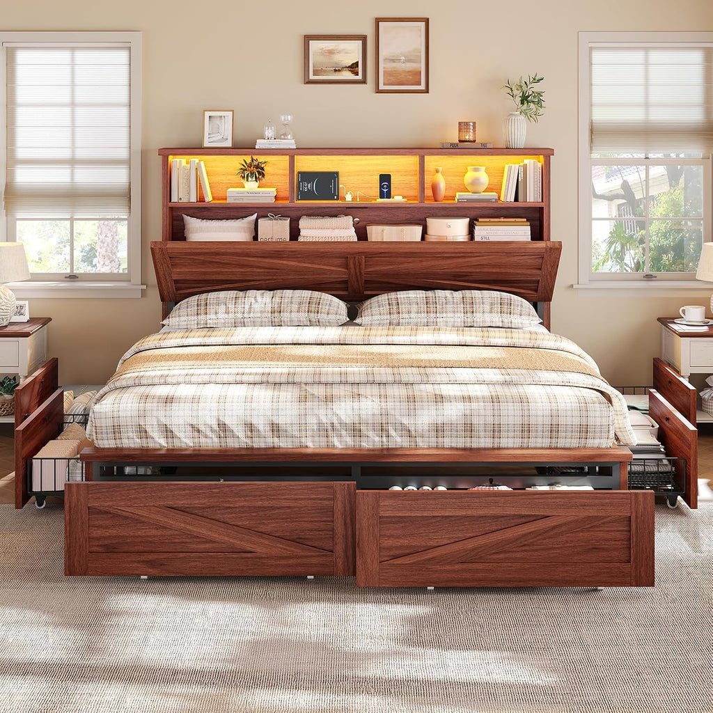 Full Bed Frame with 6 Drawers, Farmhouse Bed Frame with Barn Door Headboard and Storage, Wood Platform Bed Frame Full