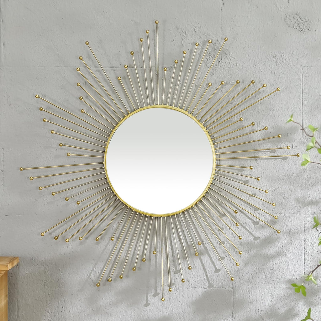 Large Gold Sunburst Mirror - 31" Starburst Wall Mirror with 12" Round Glass, Mid-Century Modern Elegant Gold Sun