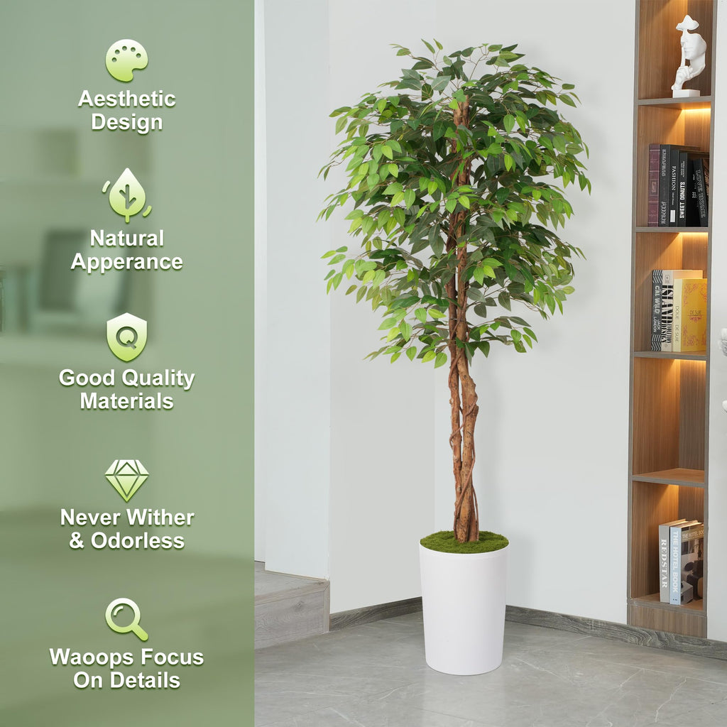 7Ft Artificial Ficus Tree in Large Tall Planter - Faux Indoor Plant with Realistic Wood Trunk - Large Tall Fake Plant