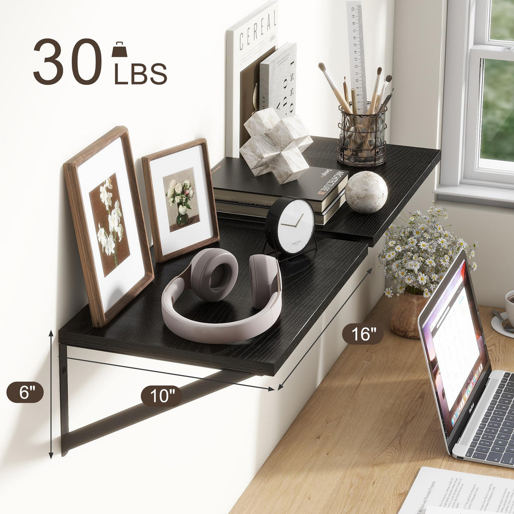 10 Inch Deep Floating Shelves, Black Floating Shelf 16 Inch Long, 16" W x 10" D Wall Shelves Set of 2, Deep Shelves