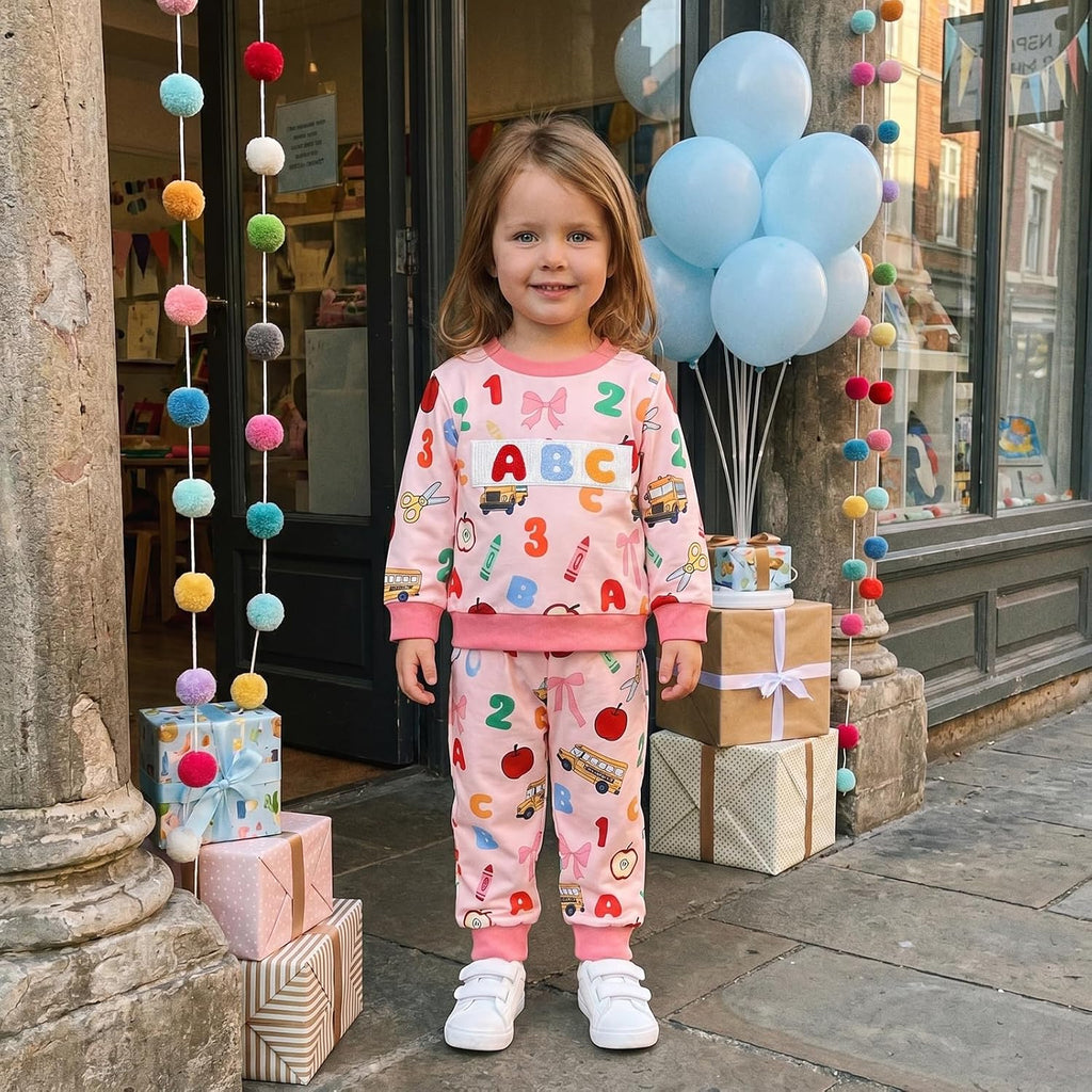 Kids Toddler Boy Girl Back to School Outfit First Day of School Smocked Sweatshirt Pants Set Kindergarten Outfits