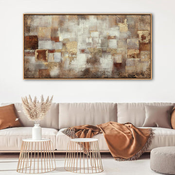 Brown Abstract Wall Art - Gold Canvas Wall Decor - Large Modern Grid minimalist Picture - Oil Painting Print Office