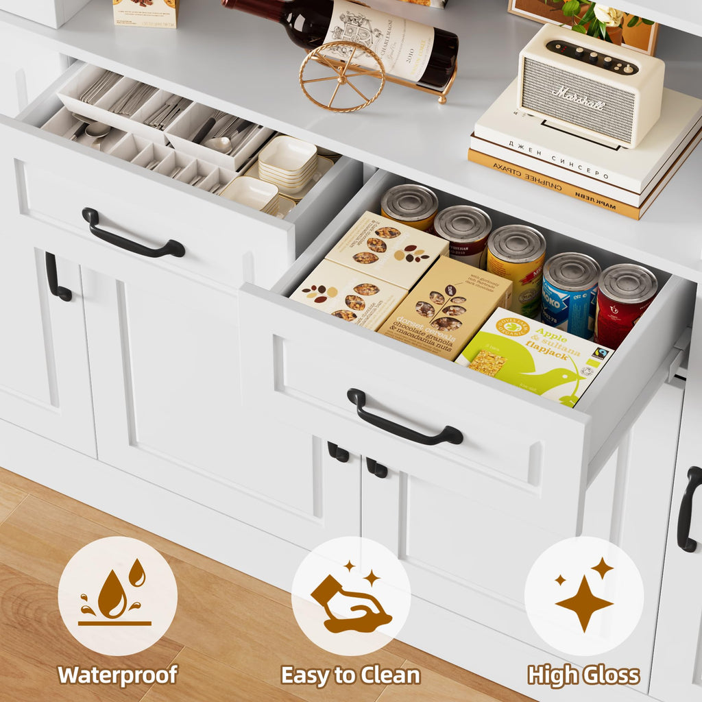 71" Tall Kitchen Pantry with Glass Doors, 63'' Wide Storage Cabinet with Drawers & Shelves, Large Kitchen Hutch China