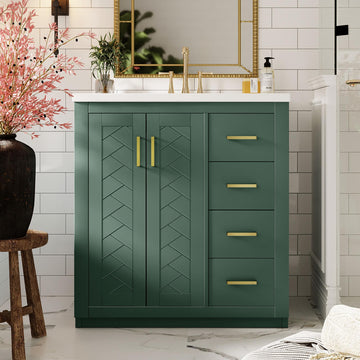 30 Inch Green Bathroom Vanity with Sink & Gold Handles, Light Luxury