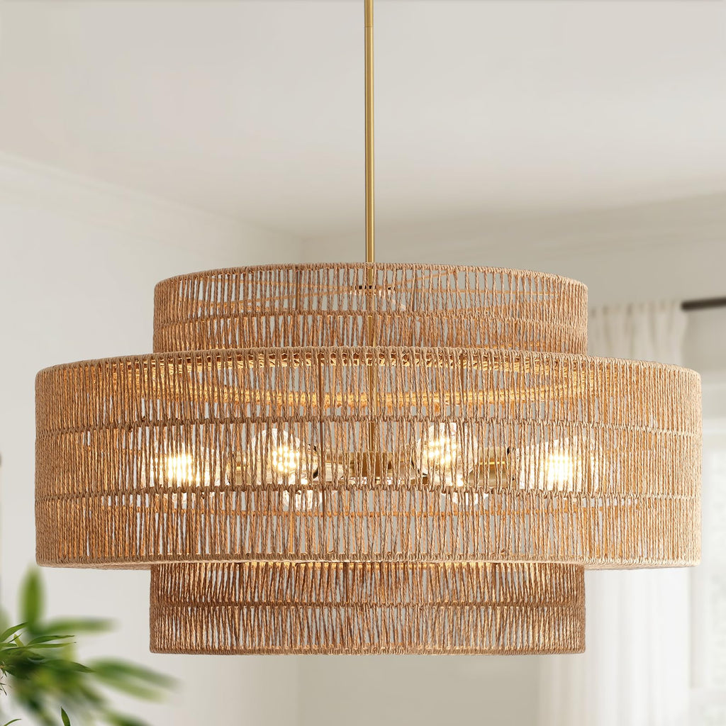 30" Rattan Chandelier, Large Boho Pendant Light
