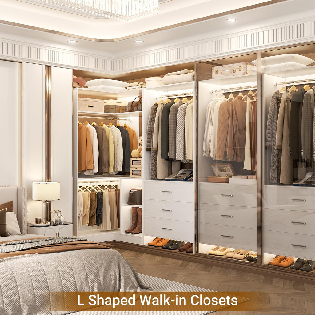 Closet System with 3 Drawers, 2 Hanging Rods & Corner Tower, Corner Closet System with Hanging, L-Shaped Walk-In