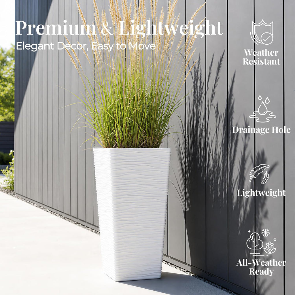 22" Tall Planters Set of 2 - White Square Plant Pots with Drainage Hole - Modern Large Tapered Matte Wavy Tree Flower