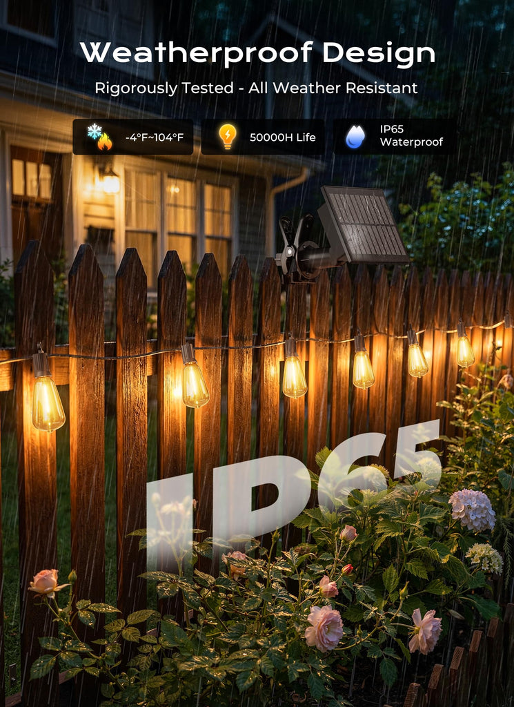 37FT Solar String Lights Outdoor, 10+1 Shatterproof LED Lights