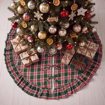 48 Inch Plaid Christmas Tree Skirt with Ruffle, Red Green Yellow