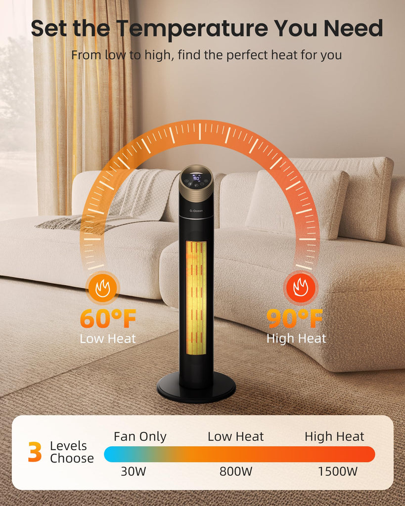 34" Space Heater for Indoor Use, Tower Heater for Large Room, Black