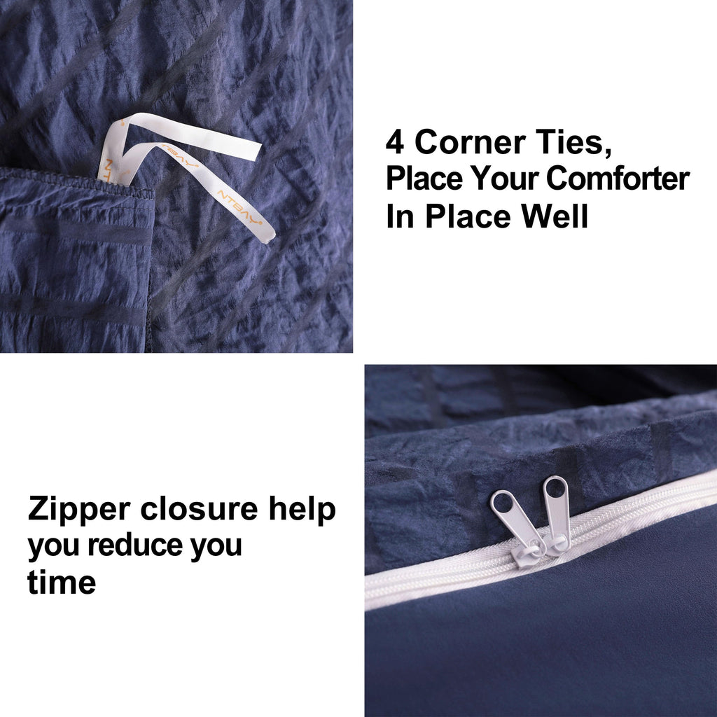 Duvet Cover Set - 2 Piece Seersucker Textured Stripe Washed Microfiber Bedding with Zipper Closure, Soft