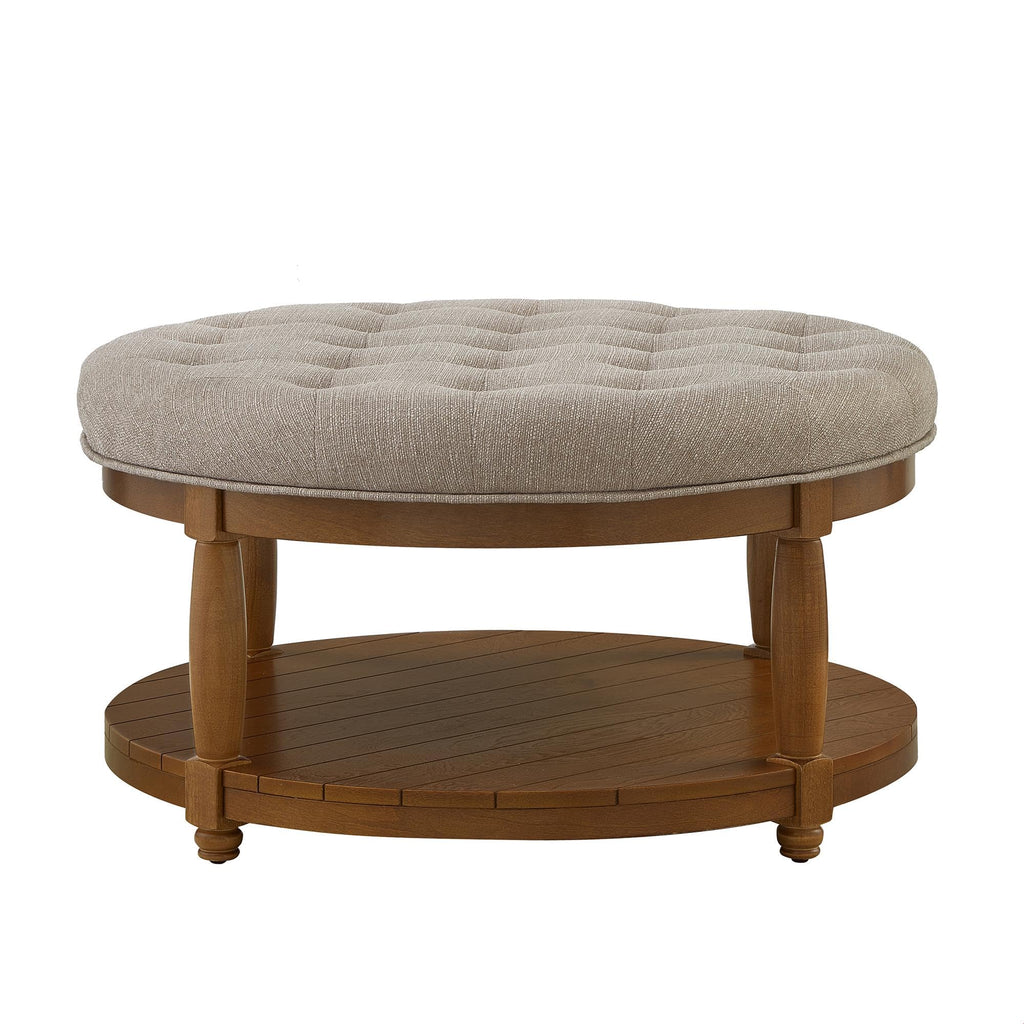 Large Round Upholstered Tufted Linen Ottoman Coffee Table with Solid Wood Frame and Open Storage Shelf, Upholstered