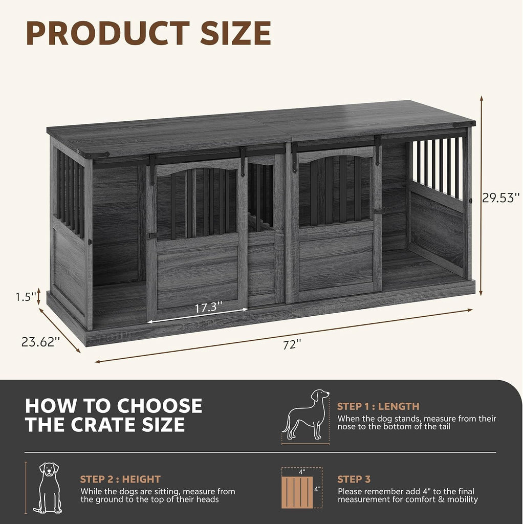 Double Dog Crate Furniture with Barn Sliding Doors Grey