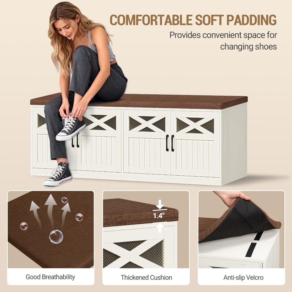 47.2" Shoe Storage Bench with 4 Barn Doors & Padded Seat Cushion