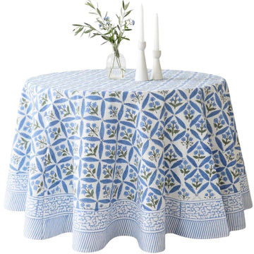 Netta Blue 100% Cotton Round Tablecloth, Handblock Print Floral Table Cloth Dining Linen I Parties, Weddings