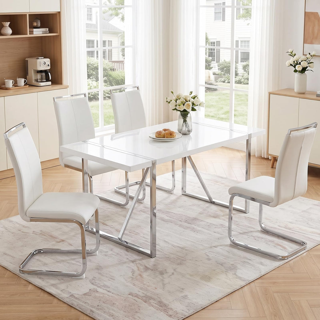 White Dining Table Set for 4, Modern Dining Room Table Set for 4