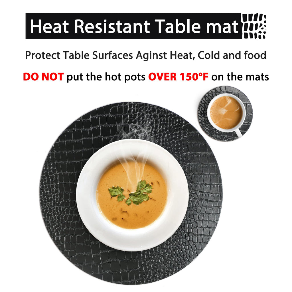 Round Leather Placemats for Round Tables Set of 6, Black Table Place Mats and Coasters, Washable Easy to Care for