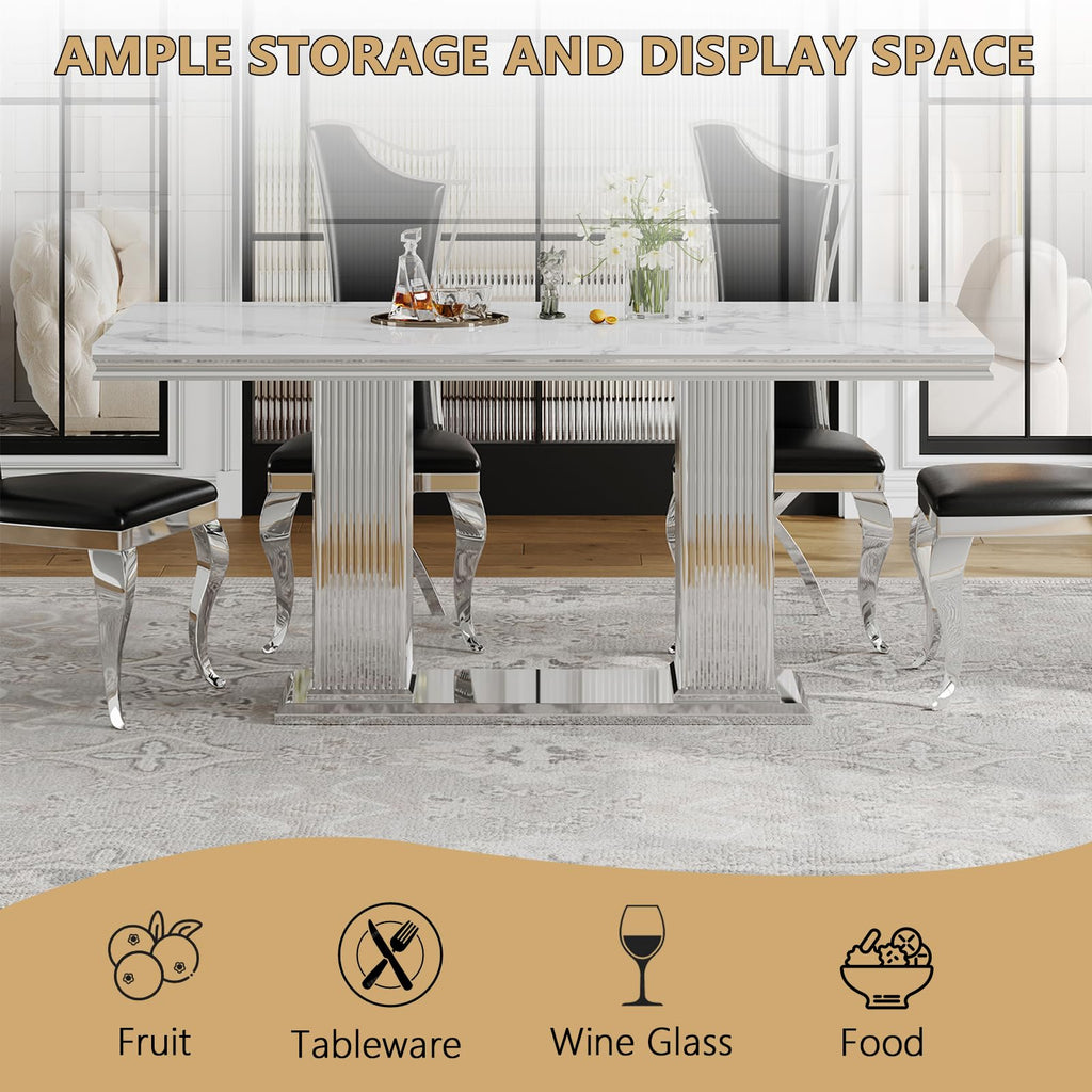 68" Faux Marble White Silver Dining Table for 6, Modern Dining Room Table with 0.71" Marble Printing MDF Top and Dual