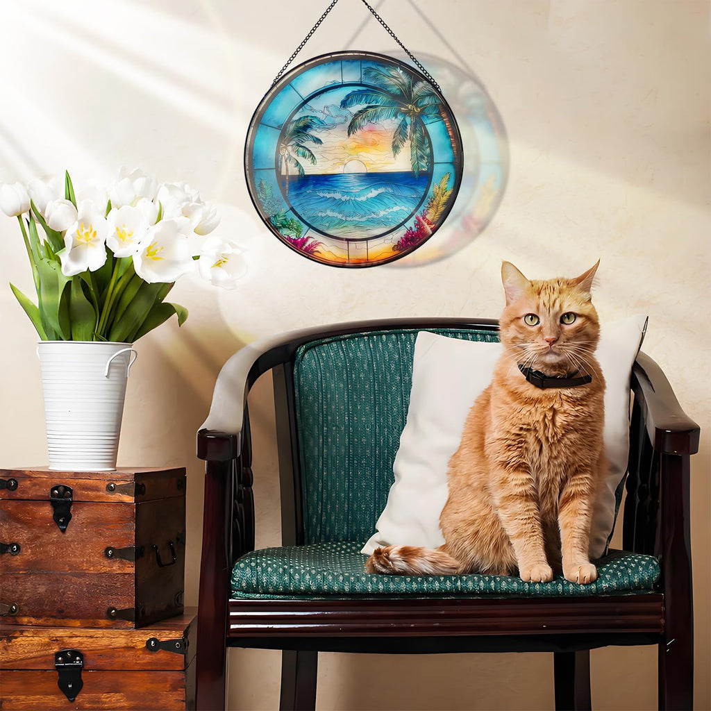 Blue Ocean Sunset Glass Window Hanging Decor, 8" Stained Glass Sun Catcher Hanging Decoration with Metal Chain-Sun