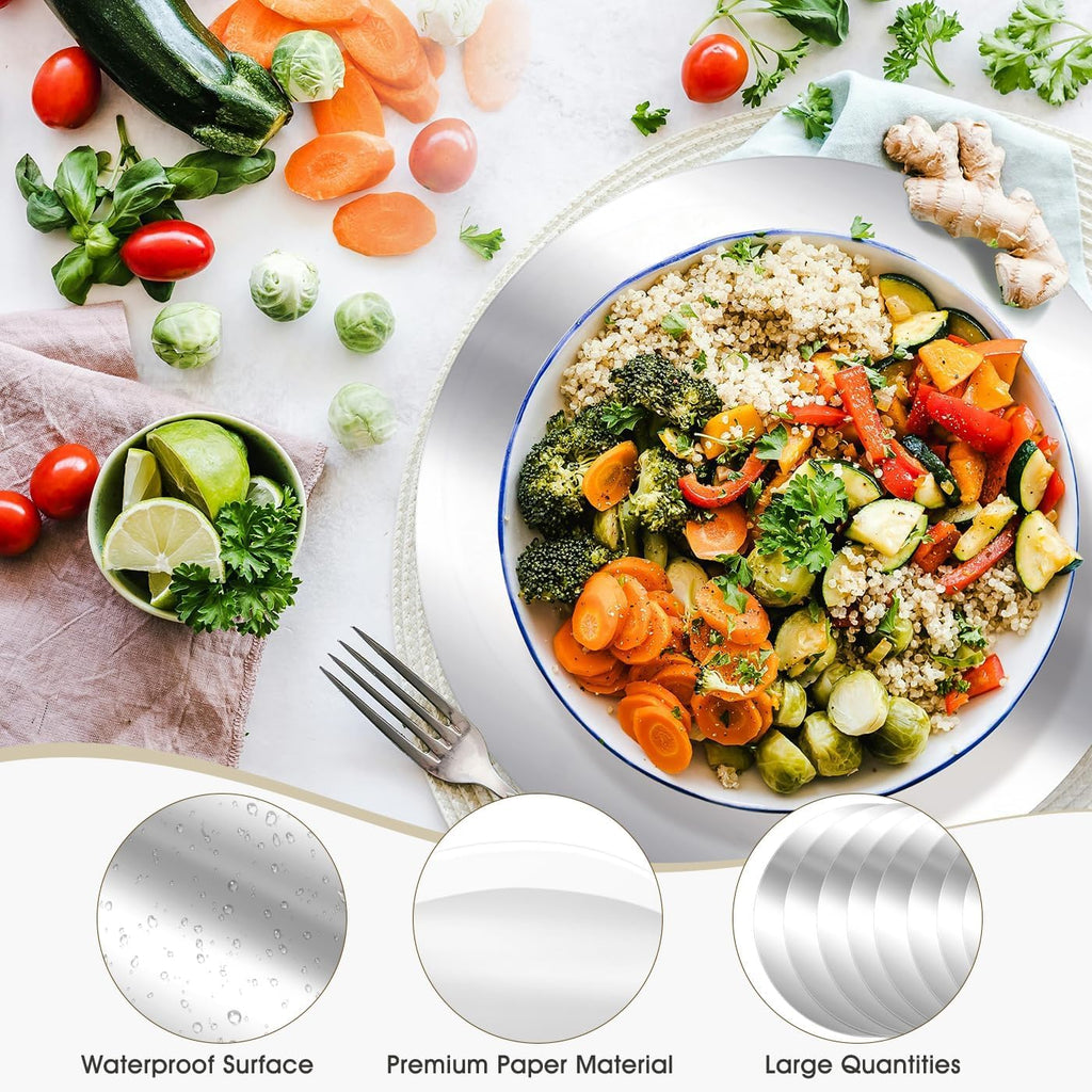 50PCS 13in Round Silver Placemats, Disposable Paper Charger Plate