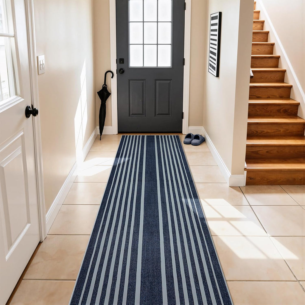 Striped Blue Runners s, 2. Washable Bathroom Runner with Rubber Backed, Non Slip Soft Low Pile Indoor Floor Carpet