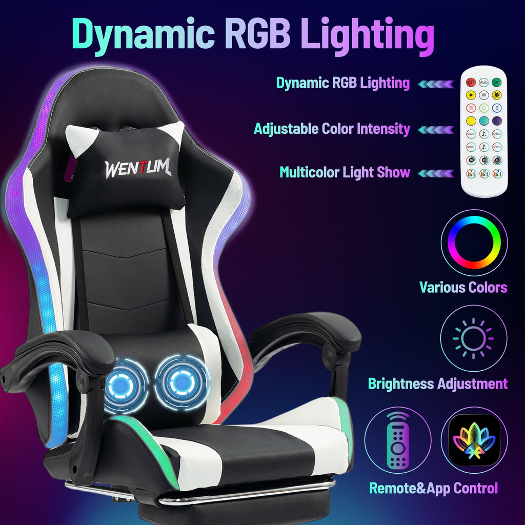 LED Lights Gaming Chair with Footrest, Black/White