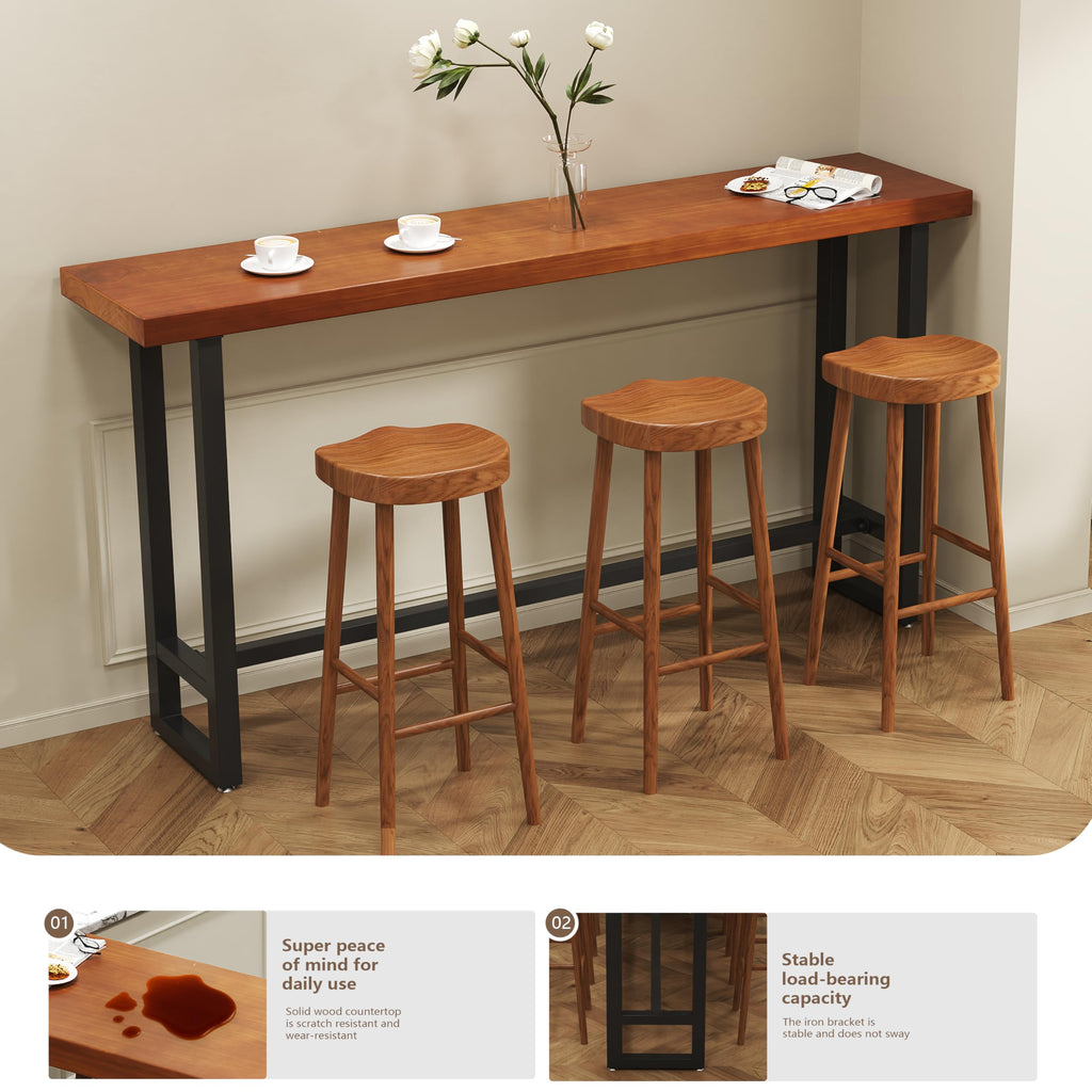 55in Dark Brown Solid Wood Bar Height Pub Table - Built-in Footrest, Solid Wood Top & Sturdy Metal Legs | Counter