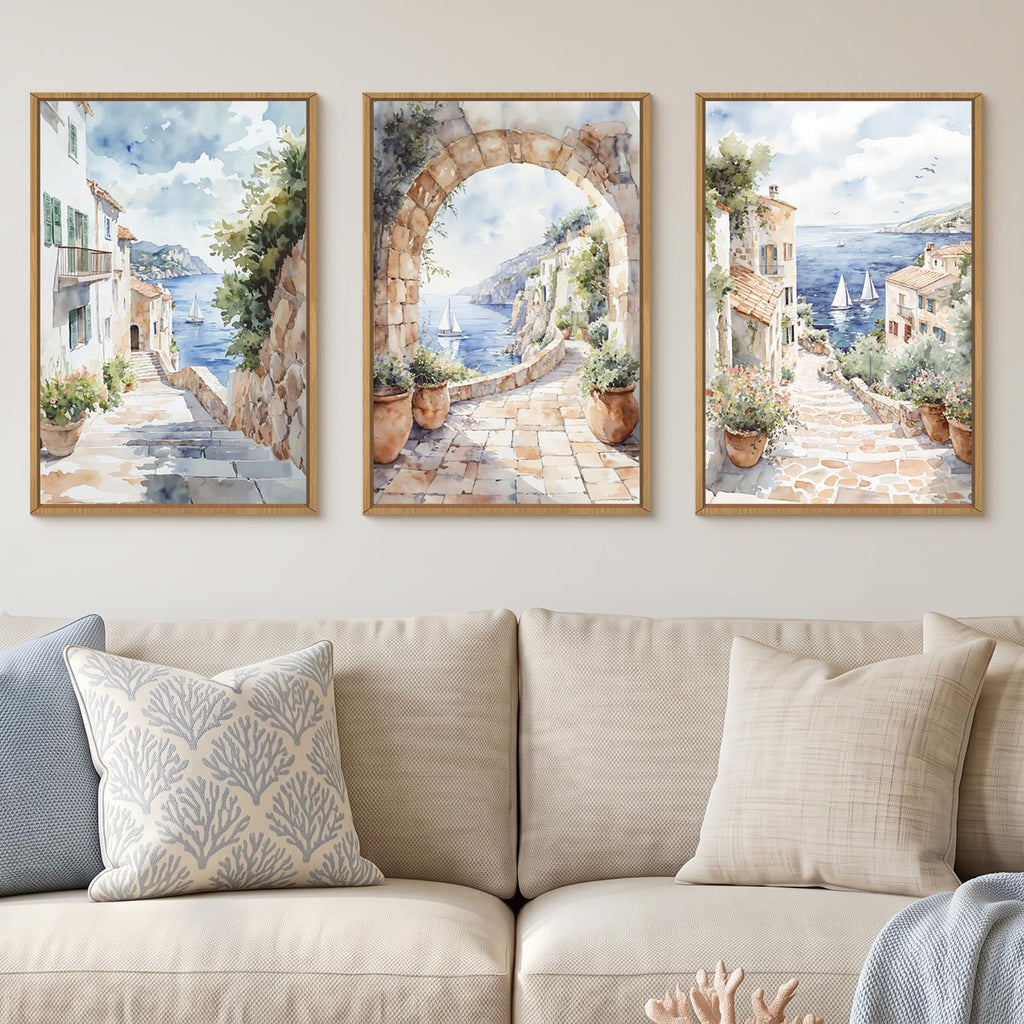 Watercolor Italy Coast Framed Canvas Wall Art, Modern Europe Countryside Wall Decor, Seascape Painting, Neutral