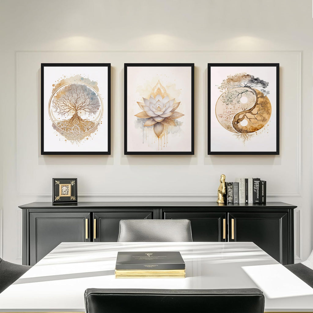 Wood Framed Tree of Life Wall Art Set of 3, Modern Gold Lotus Zen Canvas Wall Decor Paintings, Abstract Yin Yang