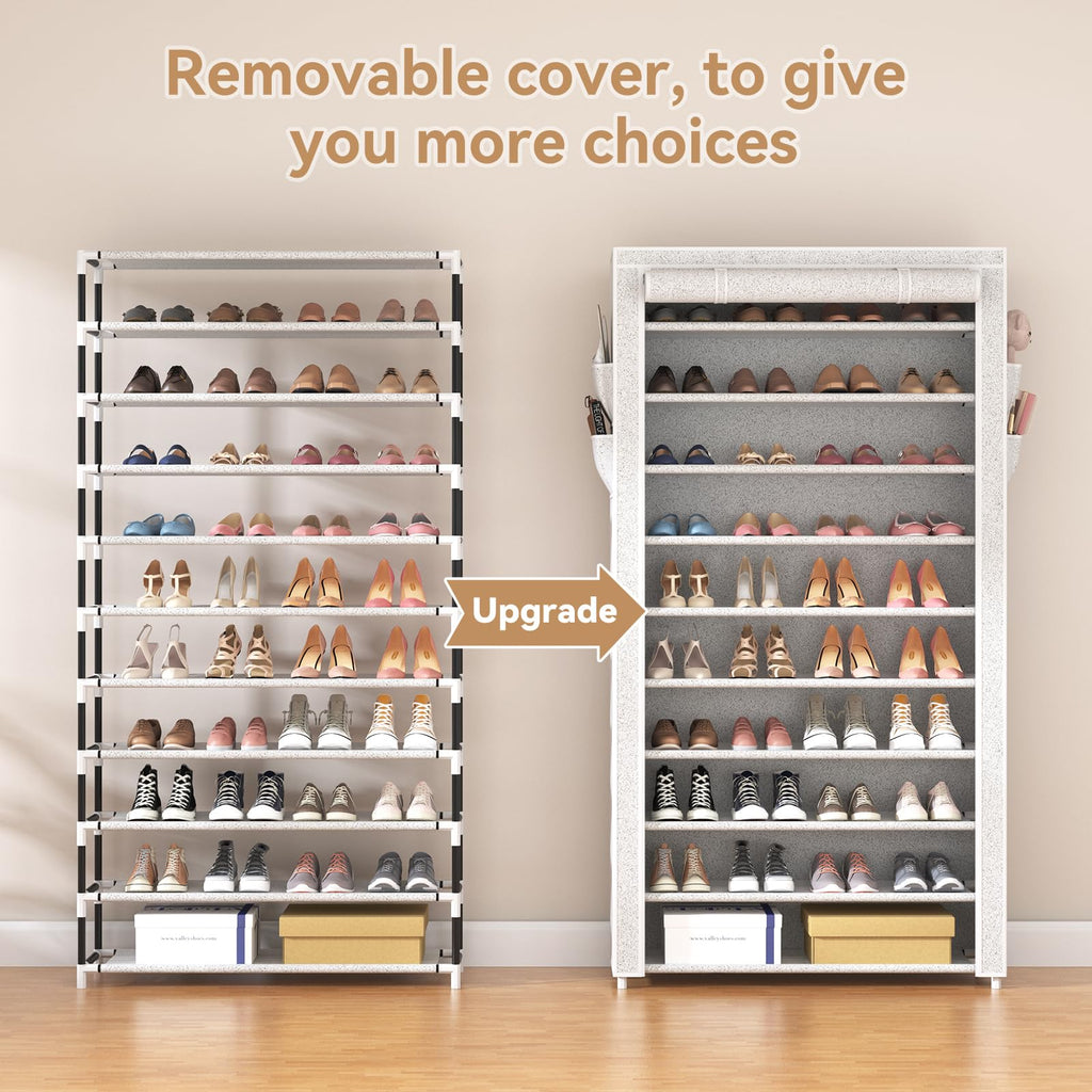 10 Tier Shoe Rack with Covers Large Capacity Stackable Tall Shoe Shelf Storage for 50-55 Pairs Shoe and Boot, Sturdy