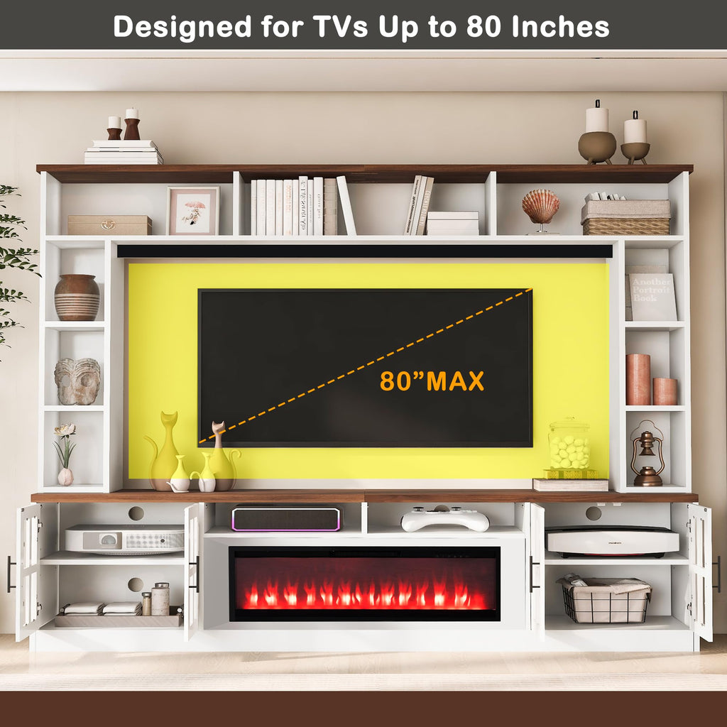White Farmhouse TV Stand with Fireplace, Large Entertainment Center with Bookshelves, Glass Doors & Adjustable
