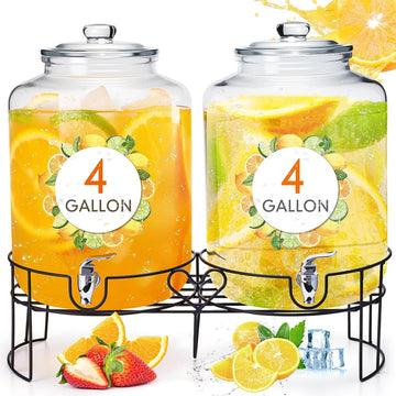 Gallon Glass Drink Dispenser for Parties Large with Stand and Spigot Leakproof Water Storage Lemonade Juice - Set of 2