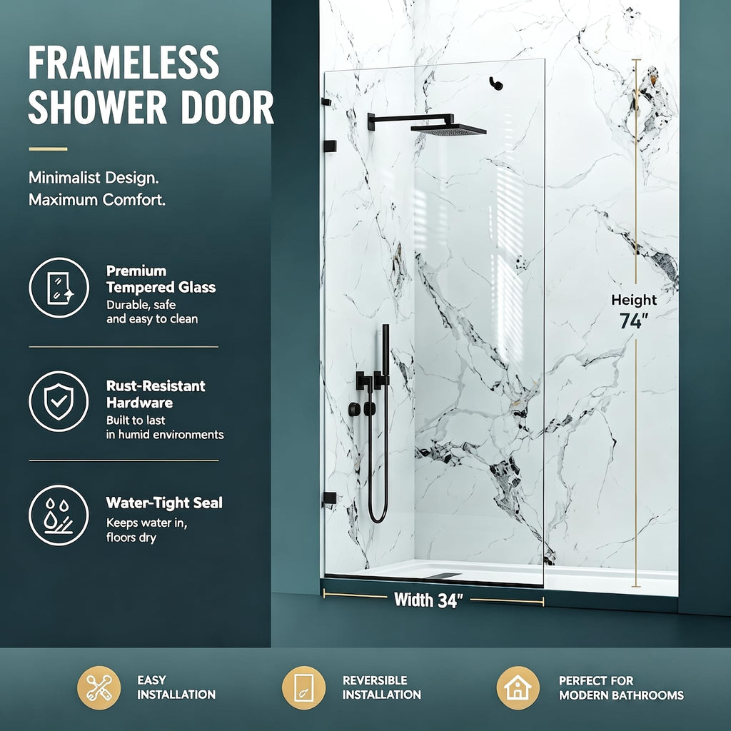 34"x74" 3/8" 3/8'' (10mm) Fixed Glass Shower Panel Matte Black