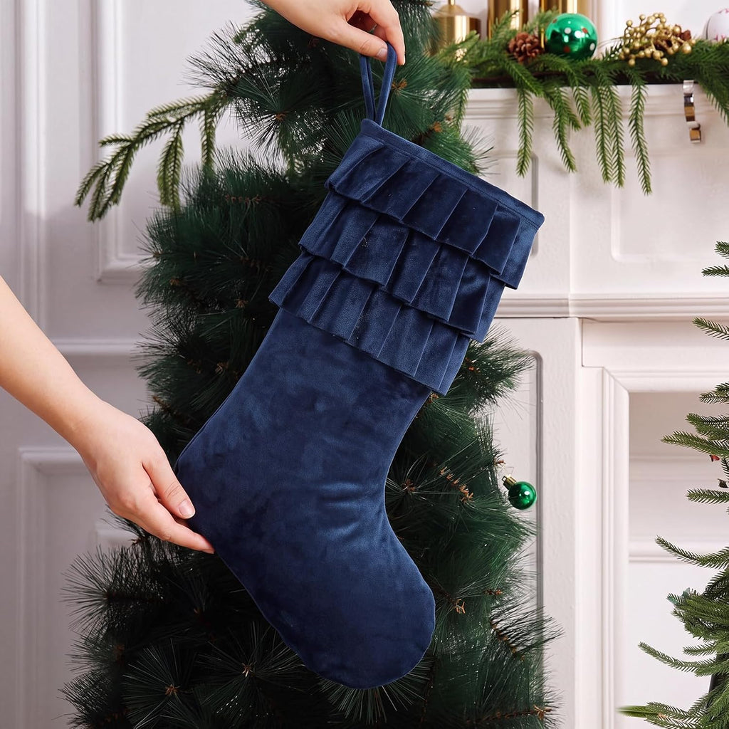 Navy Blue Velvet Christmas Stockings 18" Ruffle - Set of 2