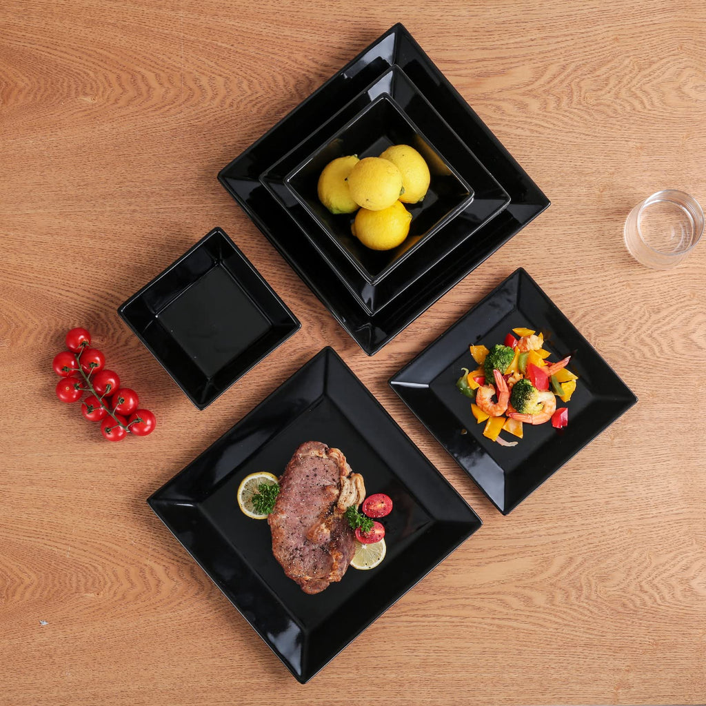 12-Piece Square Dinnerware Set, Service for 4, Porcelain Dishes Dinner, Square-Black
