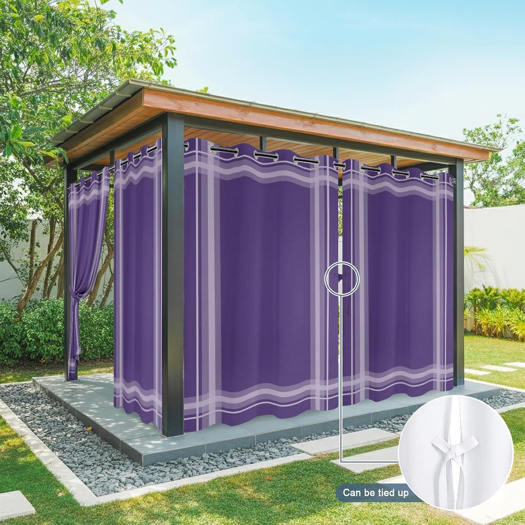 Minimalist Grid 2 Panels Outdoor Curtains , Rustic Modern Purple Stripe Curtains 54x84 inches Grommets Waterproof