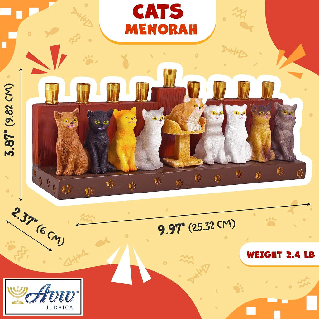Hanukka Cat - 3D Sculptured Cats and Paw Prints on Menorahs Base Cats Themed Children Teens or Adults Collectible