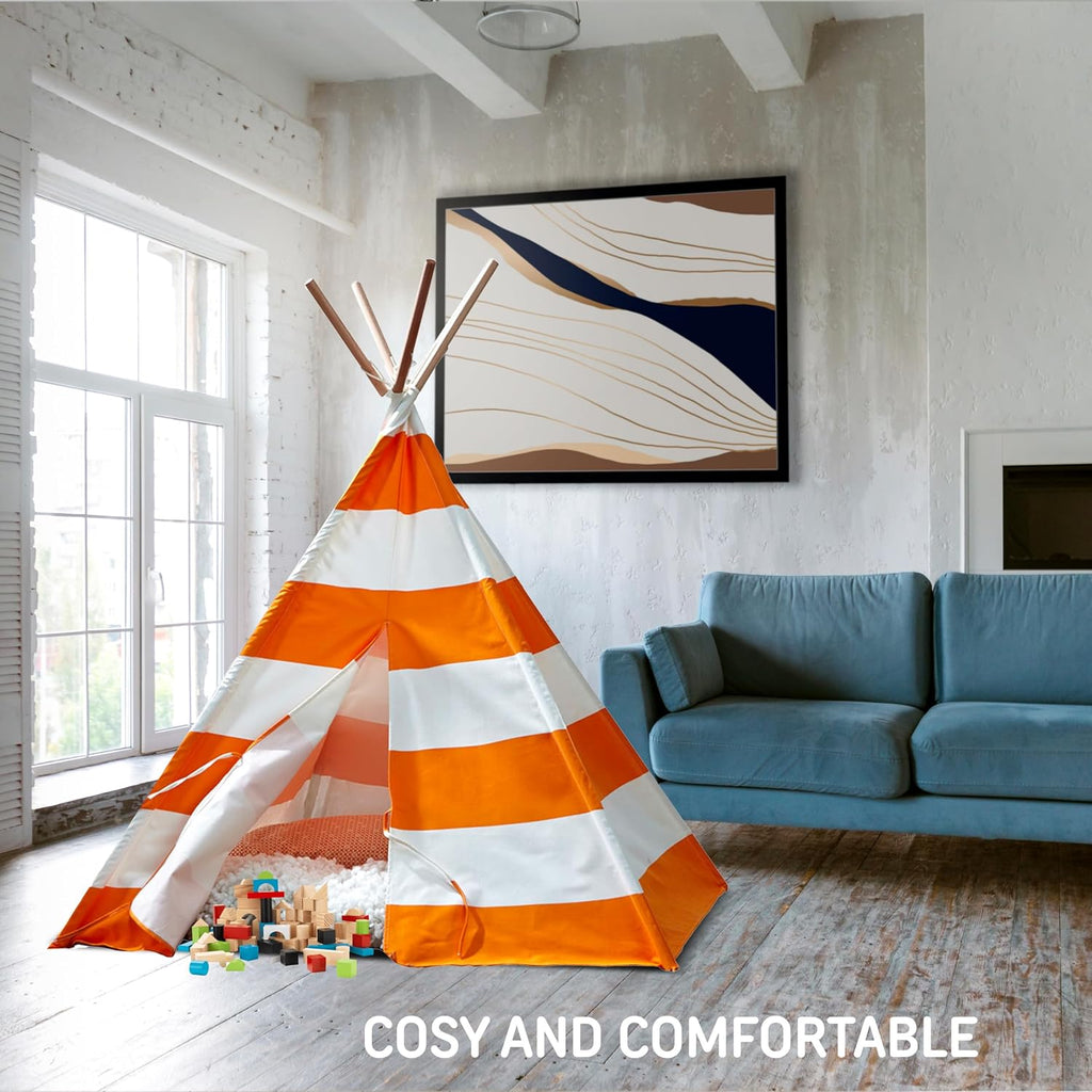 Indoor Teepee Tent - Durable Cotton Canvas with White Stripes, Easy Assembly, Orange Playhouse
