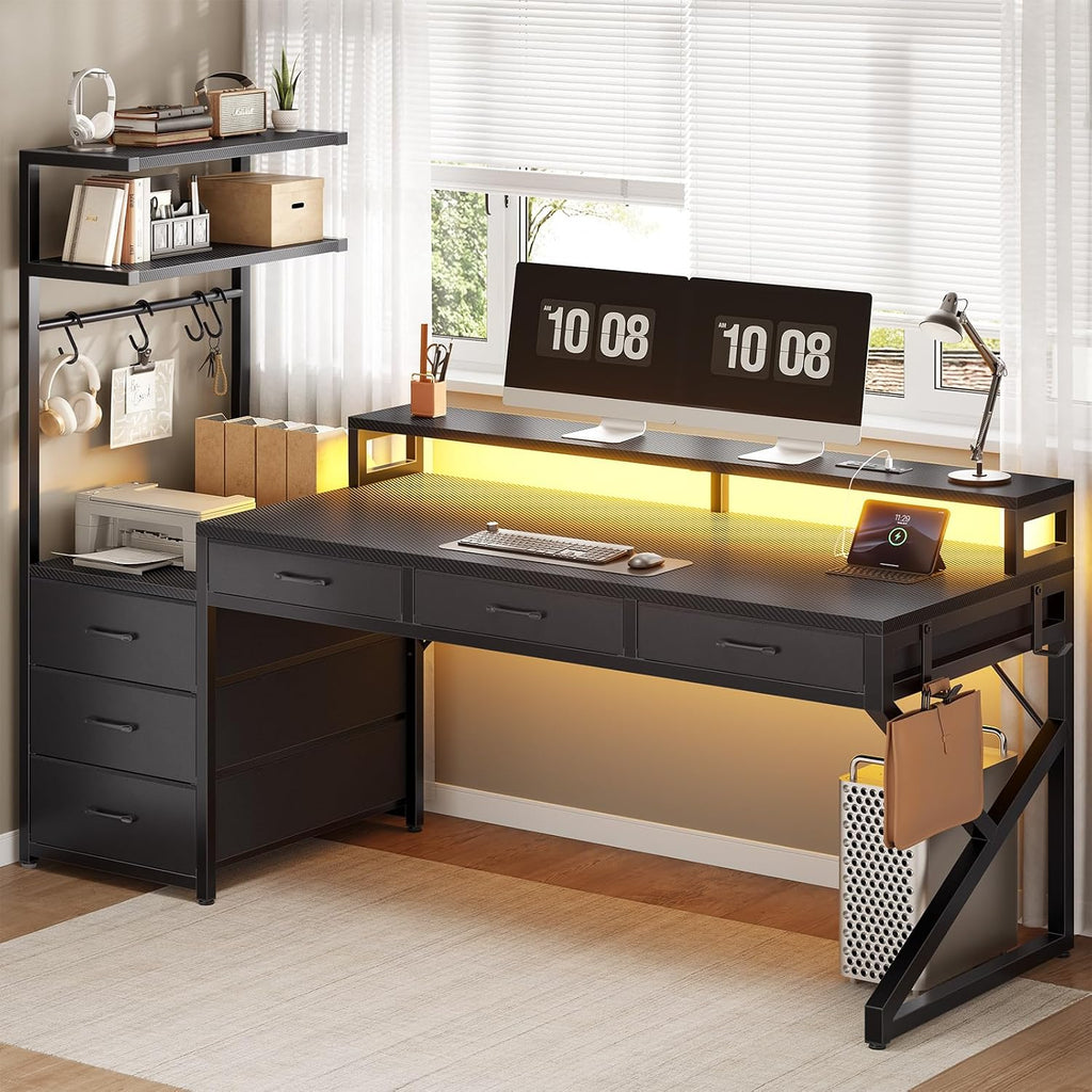55" Gaming Desk with 6 Drawers and Hutch, Reversible, LED Lights | PC Desk with LED Lights,Power Outlet,Corner