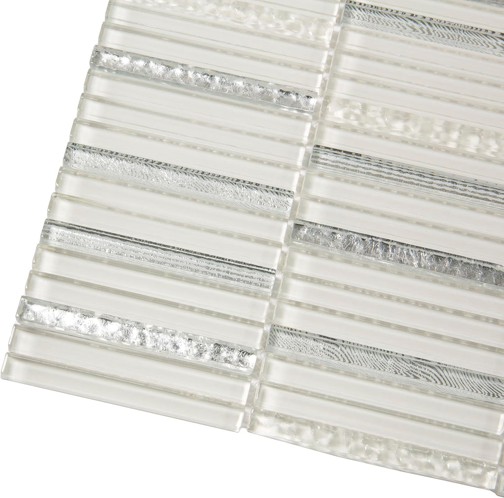 Striped Linear Glass Tile White & Silver 11.8x11.8 4.83 sq ft 5-Pack | Mesh-backed sheets. Kitchen backsplash