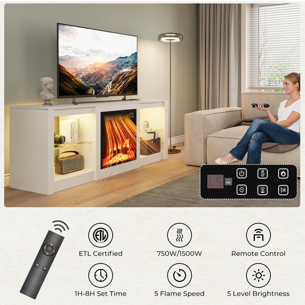 For 65" TV, TV Stand with 18" Electric Fireplace, Entertainment Center with Glass Shelves, LED Lights and Power