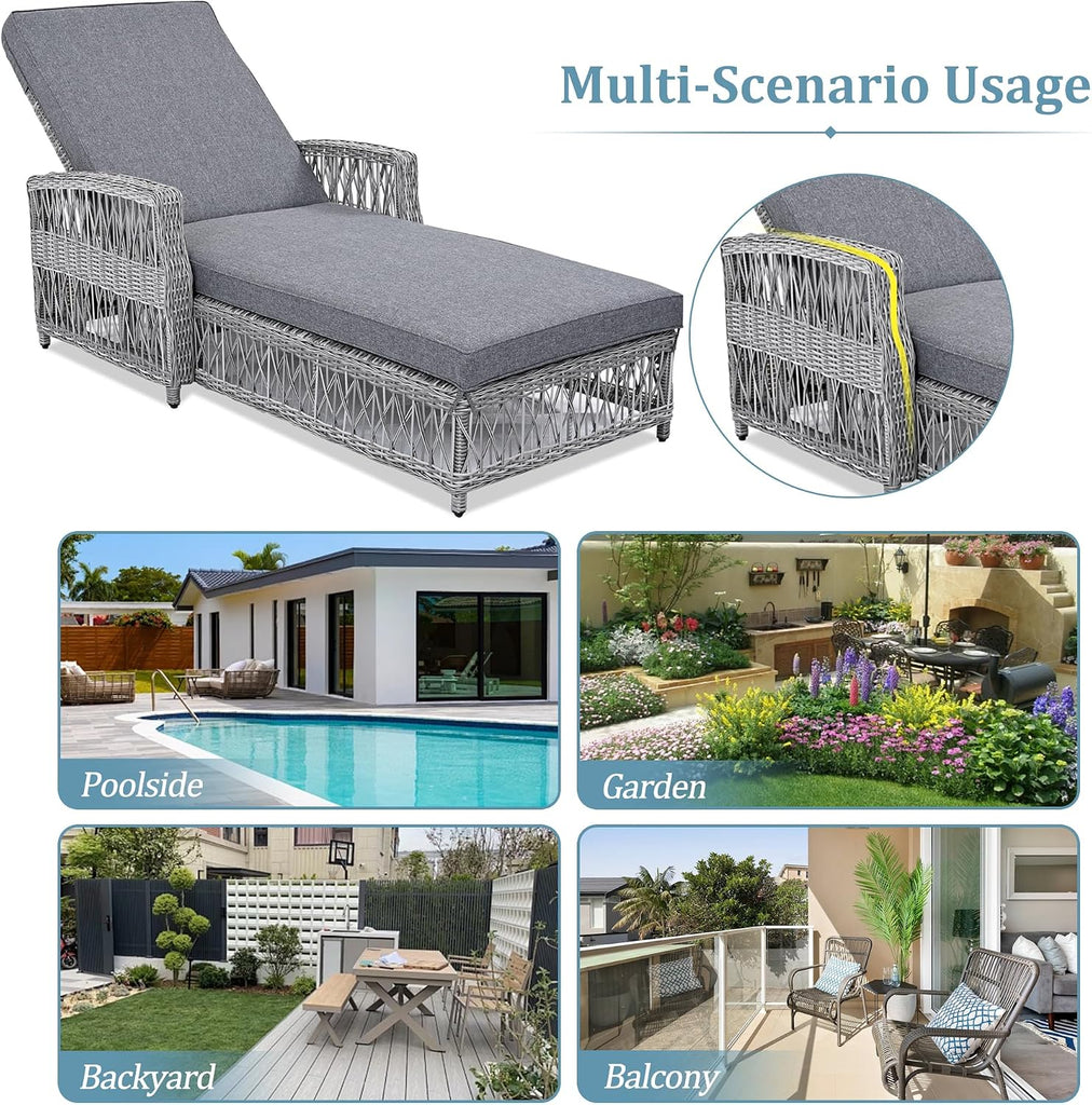 Patio Lounge Chair, Outdoor Rattan Chaise Lounge with 4 Adjustable Backrest and Armrests, All Weather Wicker
