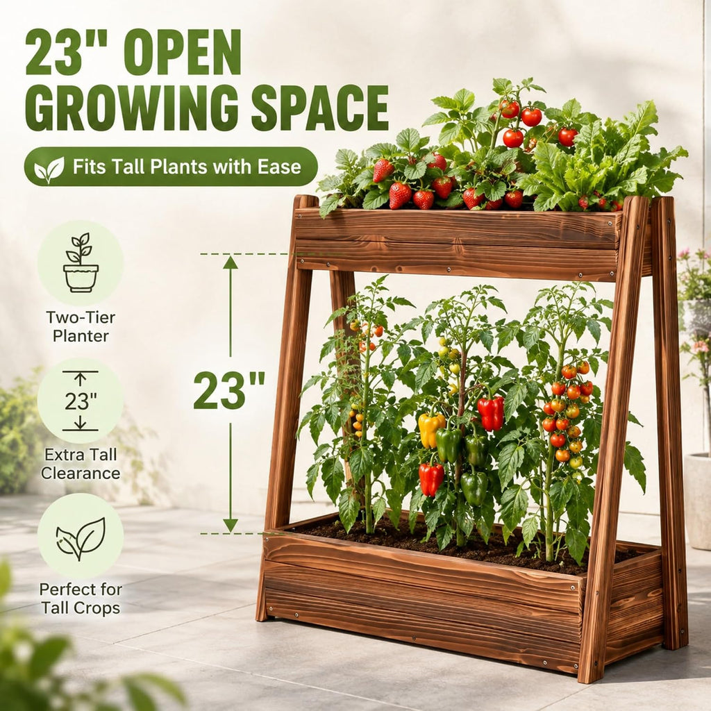 36" 2-Tier Fir Wood Elevated Raised Garden Bed | Outdoor Wood Planter Box for Vegetables Herbs Flowers, Tall Planter