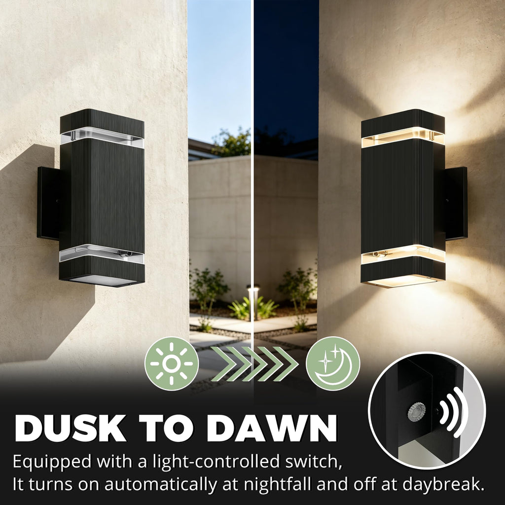 Dusk to Dawn Square Outdoor Wall Lights, Up and Down Porch Lights, Black